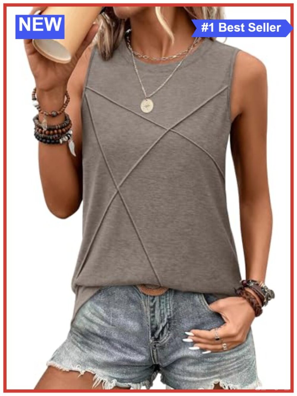 Sleeveless Crew Neck Tank Top - Loose Fit Summer Essential with Textured Lines